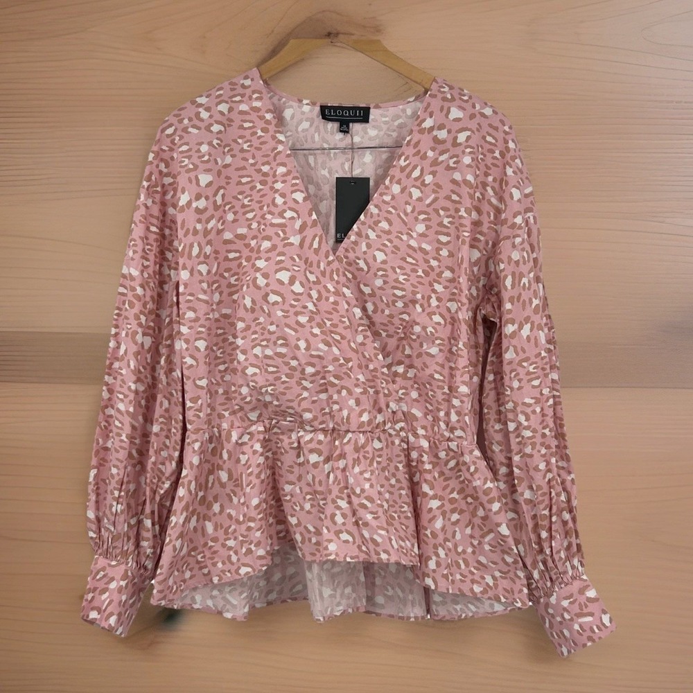 Eloquii Women Peplum Wrap Blouse 14 Pink Leopard Print Long Sleeve‎ Animal Core